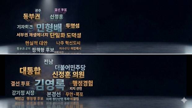 한국언론진흥재단 뉴스 빅데이터 분석시스템 ‘빅카인즈’를 통해 추출한 광주시·전남도 초대 통합특별시장 더불어민주당 민형배(왼쪽·기호순)·김영록 후보의 언론 보도 주요 연관어를 시각화한 워드클라우드. 지난 6일부터 10일까지 5일간의 기사를 분석한 결과, 민 후보 측은 동부권과 도덕성, 현실적 대안 등 지역 공약 및 검증 관련 단어가 주로 떠오른 반면 김 후보 측은 대통합과 강기정 시장, 신정훈 의원 등 탈락 주자들의 지지 표명과 세 결집을 보여주는 단어가 집중적으로 나타났다.