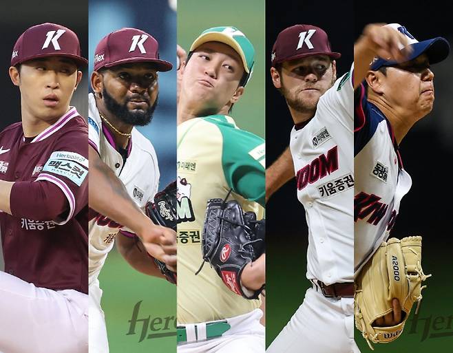 배동현, 라울 알칸타라, 안우진, 네이선 와일스, 하영민(왼쪽부터).사진제공=키움히어로즈