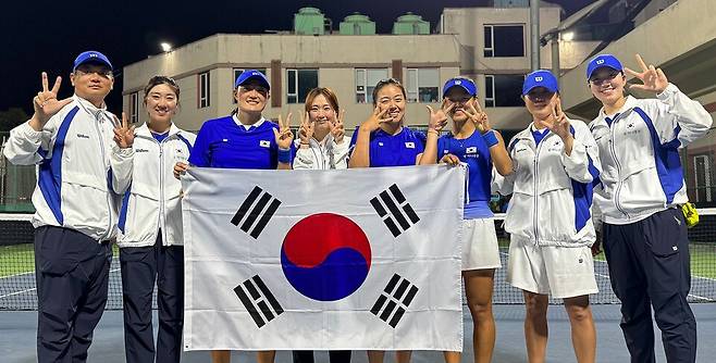 초반 3연승 질주 후 사진, 이때까지만 해도 한국의 분위기는 매우 좋았다 / 대한테니스협회