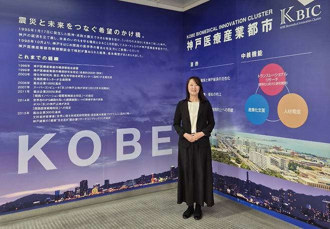 고바야시 케이코 KBIC 국제 생태계 개발 총괄이 역사 앞에서 설치된 KBIC 연혁 앞에서 포즈를 취하고 있다. (사진=박소영 기자)