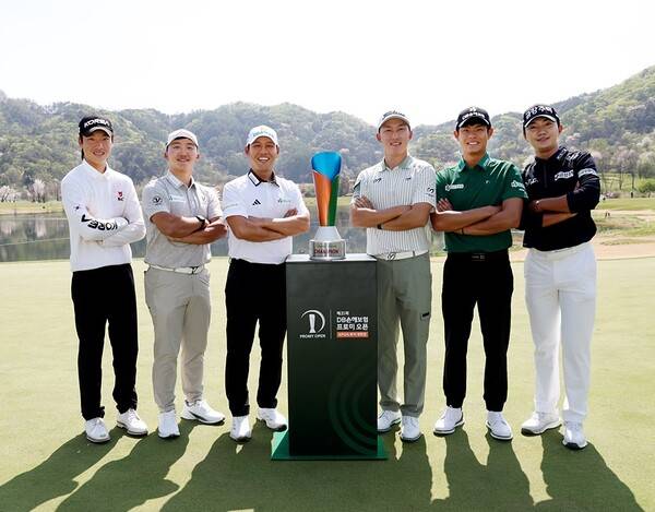 한국프로골프(KPGA) 투어 2026시즌 개막전 제21회 DB손해보험 프로미 오픈에 출전하는 (왼쪽부터) 아마추어 선수 손제이, 그리고 김홍택, 문도엽, 김백준, 장희민, 옥태훈 프로. 사진제공=대회조직위원회 (사진을 무단으로 사용하지 마십시오.)