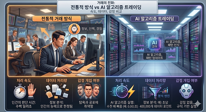 전통적 거래 방식과 AI 알고리즘 트레이딩 비교. /서용운 제공