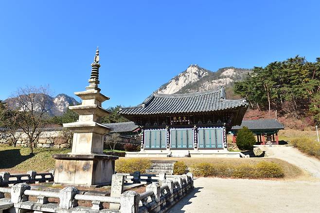 문경 봉암사 경내 전경. 전면에는 석재 난간으로 둘러싸인 삼층석탑이 자리하고, 뒤로는 극락전 현판을 단 단청 건물이 단아하게 서 있다. <강남진기자>