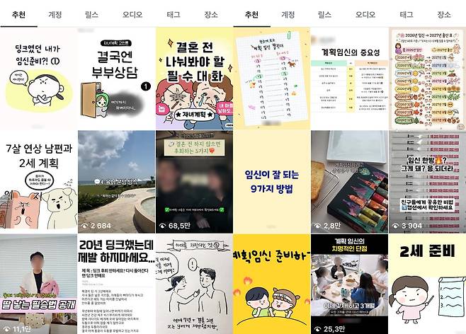 결혼 후 출산이 현재 MZ세대에게는 당연한 선택지가 아니다. 하지만 자녀계획을 마쳤다면 출산 시기도 맞추며 계획적으로 임신을 준비한다. SNS 인스타그램 '자녀계획', '임신고민' 관련 연관 게시물 갈무리