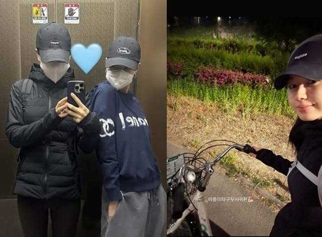 안은진(왼쪽)과 김고은이 한강 나들이 후 자전거를 타고 돌아왔다. 사진=김고은, 안은진 SNS