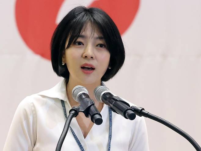 배현진 국민의힘 의원이 지난달 30일 국회의사당에서 열린 제9회 전국동시지방선거 국민의힘 서울시당 필승결의 및 공천자대회에 참석해 인사말을 하고 있다. 뉴스1