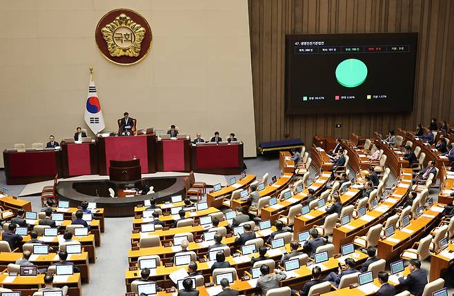 ▲ 7일 국회에서 열린 5월 임시국회 제1차 본회의에서 생명안전기본법안이 가결되고 있다. 2026.5.7 연합뉴스