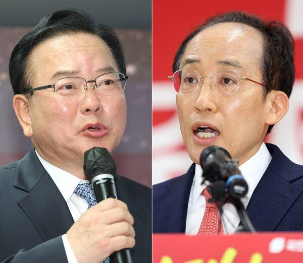 더불어민주당과 국민의힘 대구시장 후보가 확정된 26일 민주당 김부겸 후보가 선거사무소 개소식에서 발언하고 있다. 사진 오른쪽은 이날 국힘 추경호 후보가 대구시당에서 기자들의 질문에 답하는 모습. 연합뉴스