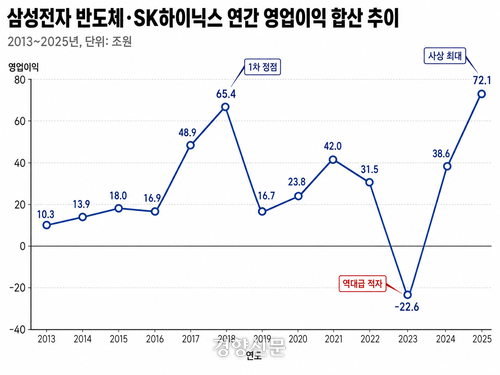 2013~2025년 삼성전자 DS부문과 SK하이닉스 영업이익 합산 추이. 일부 과거연도는 반도체에 디스플레이 매출도 포함.