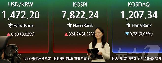 코스피가 사상 최고치를 경신 마감한 11일 오후 서울 중구 하나은행 딜링룸에 코스피 지수가 324.24포인트(4.32%) 상승한 7822.24를 나타내고 있다. 2026.5.11 ⓒ 뉴스1 김진환 기자