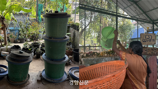 지난 3월11일 인도 케랄라주의 알라푸자 한 가정집 옥상에 음식물 쓰레기를 퇴비화할 수 있는 ‘바이오 키친 빈’이 놓여있다(왼쪽). 다음날 같은 지역 공동체 퇴비화 시설에 한 여성이 집에서 가져온 음식물 쓰레기를 퇴비화 기구에 버리고 있다(오른쪽). 알라푸자 | 오경민 기자