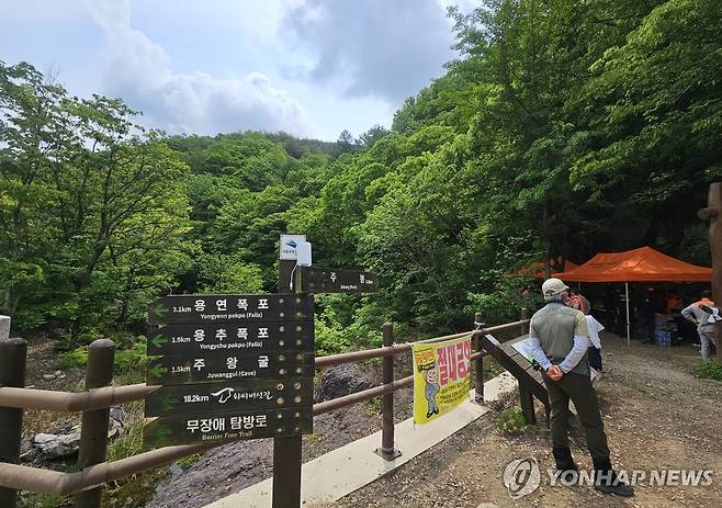 주왕산 기암교에서 바라본 주봉 등산로 (청송=연합뉴스) 김선형 기자 = 실종된 초등학생이 숨진 채 발견된 12일 경북 청송군 주왕산국립공원 기암교에서 수색 당국이 주봉으로 이어지는 길목에 현장 본부를 차려두고 있다. 2026.5.12 sunhyung@yna.co.kr