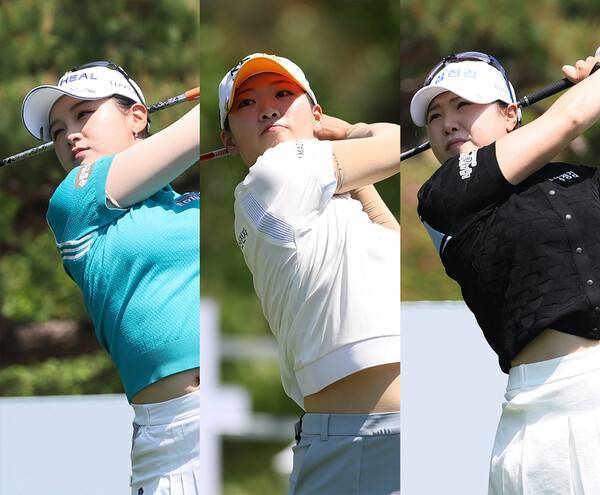 2026년 한국여자프로골프(KLPGA) 투어 제18회 두산 매치플레이에 출전한 박현경, 방신실, 고지우 프로가 조별리그 1라운드에서 경기하는 모습이다. 사진제공=KLPGA (사진을 무단으로 사용하지 마십시오.)