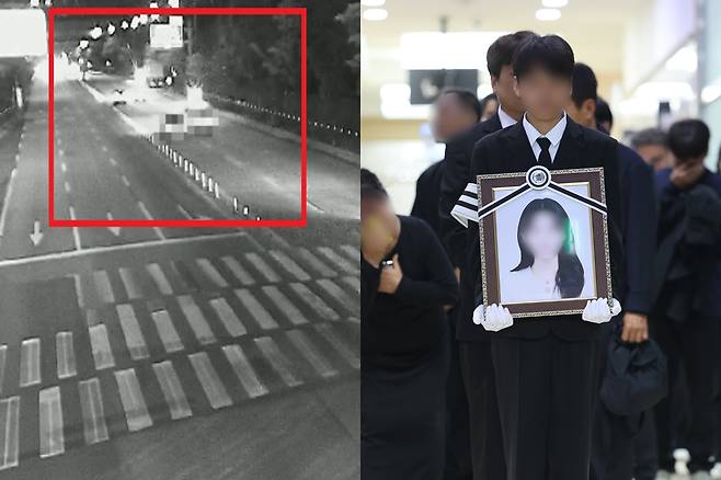지난 5일 새벽 광주 광산구 월계동 한 대학교 인근에서 발생한 여고생 묻지마 흉기 살인 사건 당시 인근 폐쇄회로(CC)TV 모습. 오른쪽은 지난 7일 광주 광산구 신가동 한 장례식장에서 20대 남성의 흉기에 찔려 숨진 여고생의 발인이 진행되고 있다. 광주=뉴스1·연합뉴스