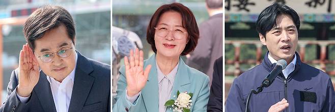 ▲ 6·3 지방선거 더불어민주당 경기도지사 본경선 후보로 확정된 김동연·추미애·한준호(가나다순) 후보가 본선행 티켓을 거머쥐기 위한 본격적인 레이스에 돌입했다. 24일 용인서울고속도로 금토 영업소 앞에서 '경기도민 자산 1억 만들기' 로드맵을 발표 중인 김 지사(왼쪽 사진)와 'MARS 2026 AI 투자유치 콘퍼런스'에 참석해 미래 산업 비전을 제시하는 추 의원(가운데 사진), 수원 화성행궁 신풍루 앞에서 제2차 비전발표회를 열고 지지를 호소하는 한 의원의 모습. /김철빈·전광현 기자 maggie@incheonilbo.com
