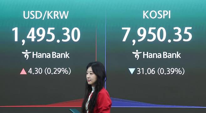 15일 오전 서울 중구 하나은행 본점 딜링룸 전광판에 원·달러 환율, 코스피 지수가 표시되고 있다. 이날 원·달러 환율은 전 거래일 주간 거래 종가보다 3.2원 오른 1494.2원에 출발했다. 2026.5.15/뉴스1