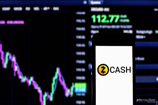 스마트폰 화면에 표시된 지캐시(Zcash) 로고와 가격 차트 모습. 최근 프라이버시 코인인 지캐시가 급등세를 보이며 시장의 주목을 받고 있다. 게티이미지
