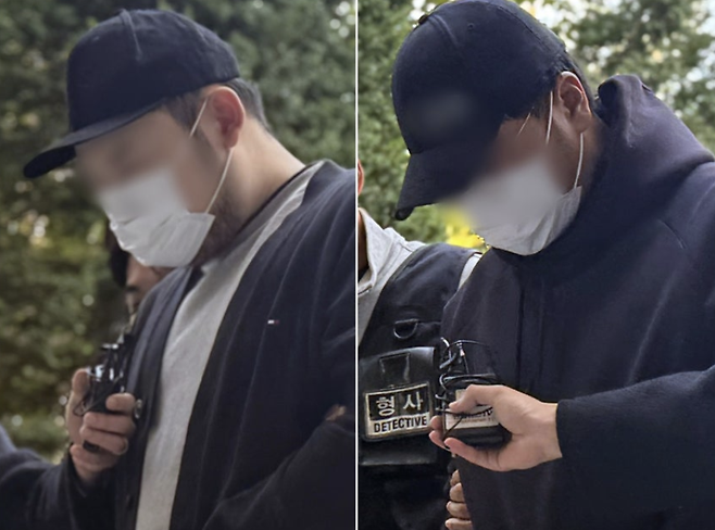 유명 게임 유튜버 ‘수탉’을 납치해 살해하려 한 혐의를 받는 중고차 딜러 A씨(왼쪽)와 지인 B씨가 구속 전 피의자 심문(영장실질심사)을 받기 위해 인천지법에 출석하고 있다. 뉴스1