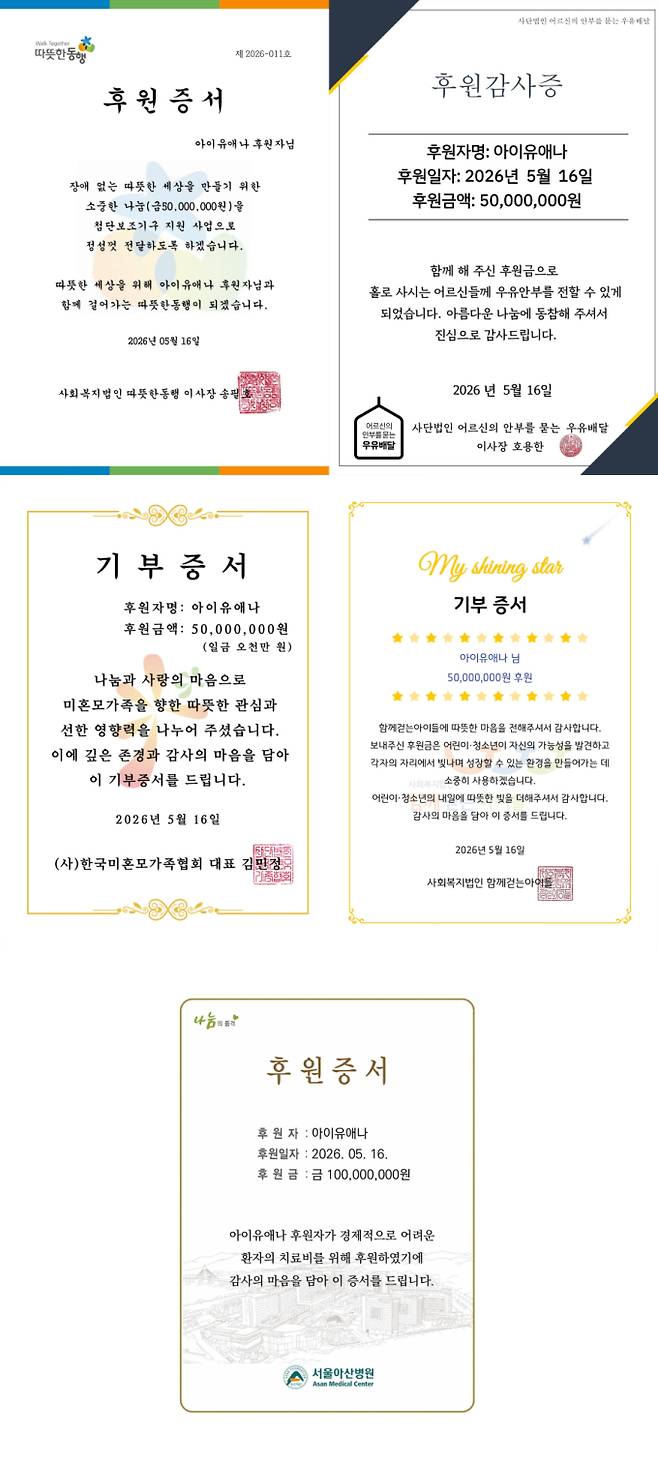 아이유 기부증서 (제공: EDAM Ent)
