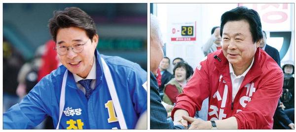 6·3 경남 창원시장 선거에 출마한 더불어민주당 송순호(왼쪽 사진), 국민의힘 강기윤 후보가 유권자들에게 인사하고 있다. 후보 제공
