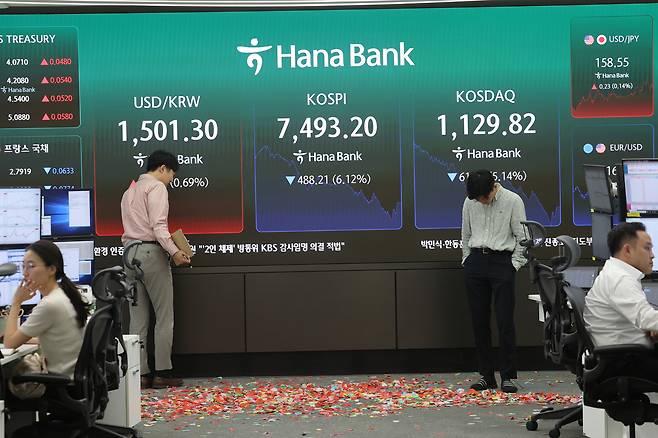 코스피가 장 초반 사상 처음 8000선을 돌파한 뒤 급락 전환해 7500선을 내준 15일 서울 중구 하나은행 딜링룸에서 직원이 8000선 돌파기념 세리머니 흔적을 바라보고 있다. 연합뉴스