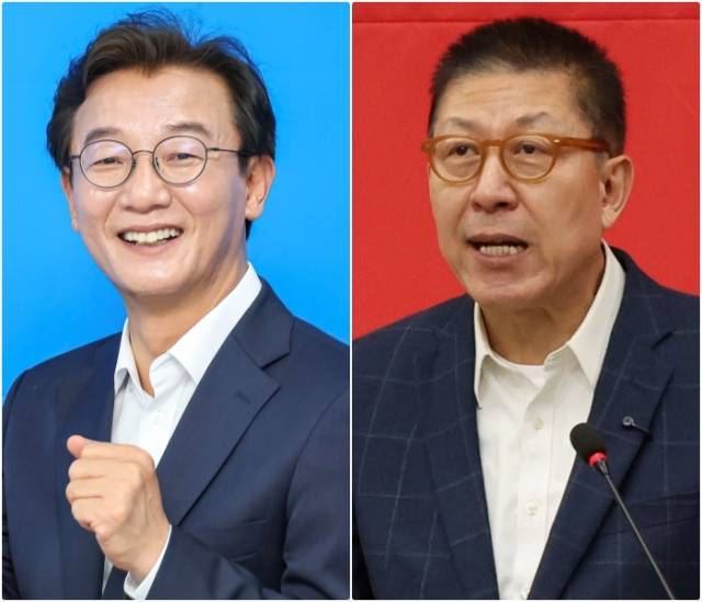 왼쪽부터 전재수 더불어민주당 부산시장 후보, 박형준 국민의힘 부산시장 후보. 부산일보DB
