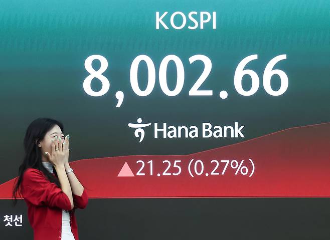 코스피가 장중 8000선을 넘어 사상 최고치를 기록한 지난 15일 오전 서울 중구 하나은행 본점 딜링룸 전광판에 코스피 지수가 표시되고 있다. /뉴스1