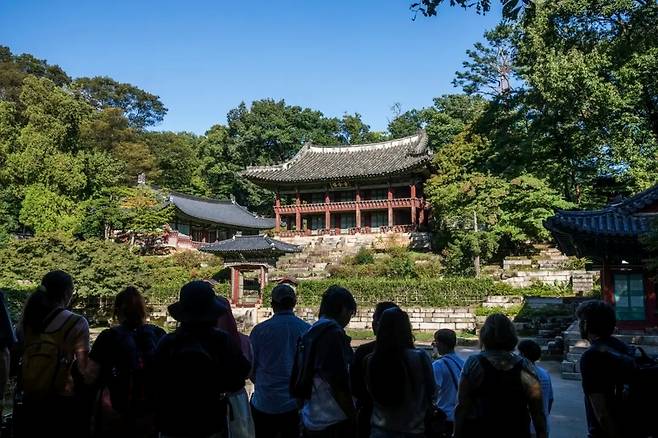 창덕궁 '무언자적, 왕의 아침 정원을 거닐다' 프로그램에 참여한 외국인 관광객들이 고즈넉한 궁궐을 산책하고 있다.(크리에이트립 제공)