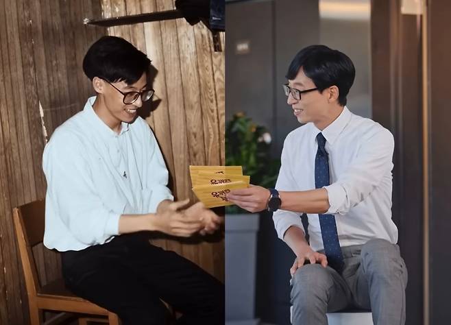 가수 윤종신이 매달 새로운 음반을 발표하는 '월간 윤종신'의 '지난날' 뮤직비디오. 유재석이 무명의 개그맨이었던 과거 자신에게 '유퀴즈' 대본을 건네고 있다. 사진 월간 윤종신