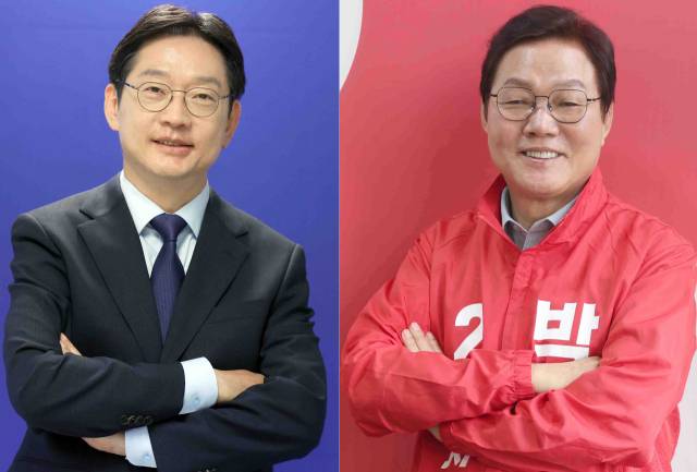 더불어민주당 김경수 경남지사 후보와 국민의힘 박완수 경남지사 후보(기호순) 모습.