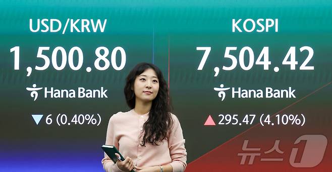 코스피가 개장 직후 7500선을 돌파한 21일 서울 중구 하나은행 딜링룸 전광판에 코스피 지수와 원달러 환율이 표시돼 있다. 이날 코스피는 장 초반 4%대 급등세를 보이고 있다. 2026.5.21 ⓒ 뉴스1 이종수 인턴기자