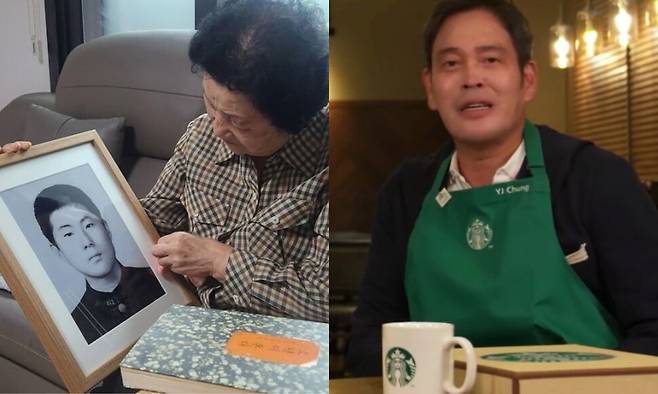 소설 ‘소년이 온다’의 실제 주인공 문재학 열사 어머니 김길자씨가 2024년 10월14일 광주 북구 자택에서 한강 작가의 노벨문학상 수상 소감을 이야기하며 문군의 영정을 보고 있다(왼쪽). 오른쪽은 정용진 신세계그룹 회장. 김용희 기자 kimyh@hani.co.kr, 스타벅스코리아 유튜브 갈무리