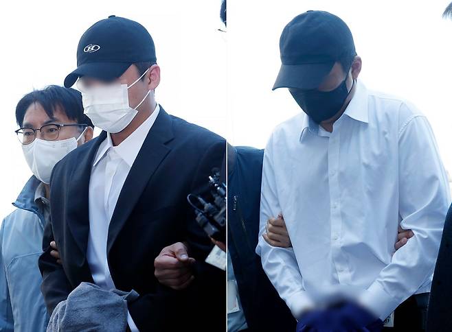 고(故) 김창민 영화감독을 폭행해 숨지게 한 혐의를 받는 피의자 A씨와 B씨 2명이 4일 오전 경기도 남양주시 다산중앙로 의정부지법 남양주지원으로 구속 전 피의자 심문(영장실질심사)을 받기 위해 들어오고 있다. 뉴스1