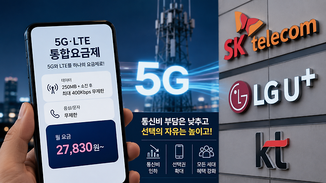 이동통신 3사가 5G와 LTE 요금제 구분을 없앤 통합요금제를 잇달아 출시한다. /챗gpt 생성