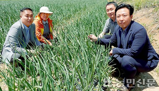 최정열 남해화학 전남지사장(왼쪽부터), 농민 정애란씨, 김경호 NH농우바이오 전남지점장, 신준호 농협케미컬 서부기술지원센터장이 양파 생육상태를 살펴보고 있다.