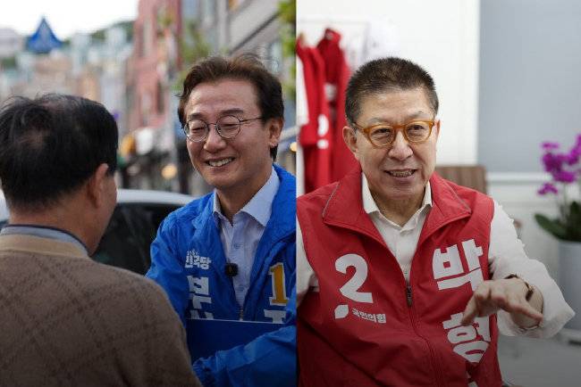 전재수 더불어민주당 부산시장 후보가 시민들을 만나고 있다. 전재수 후보, 박형준 국민의힘 부산시장 후보. 박형준 후보