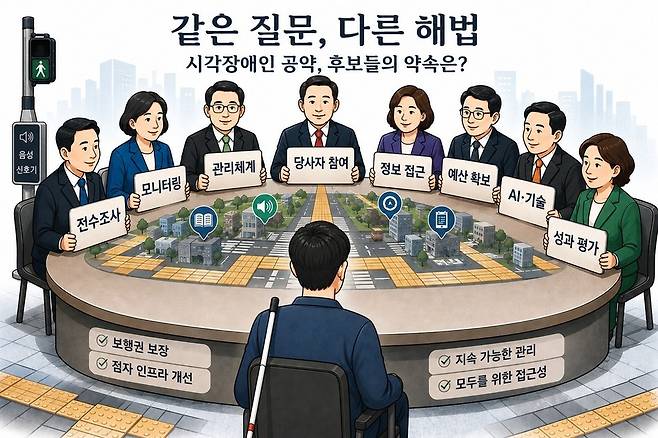 ▲ 생성형 AI 챗GPT(ChatGPT)에 시각장애인 정책 공약 핵심 키워드를 반영한 그래픽 제작을 요청해 생성한 이미지.