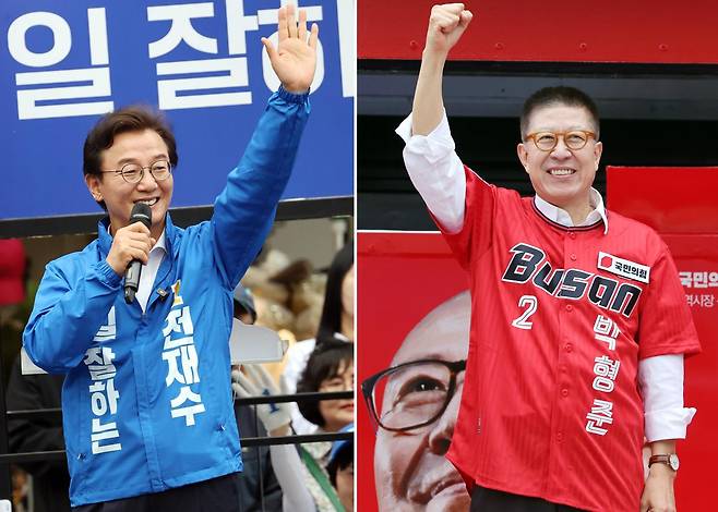 제9회 전국동시지방선거 공식 선거운동 첫날인 21일 부산시장 후보들의 유세 모습. 왼쪽부터 전재수(더불어민주당), 박형준(국민의힘) 후보. 뉴시스