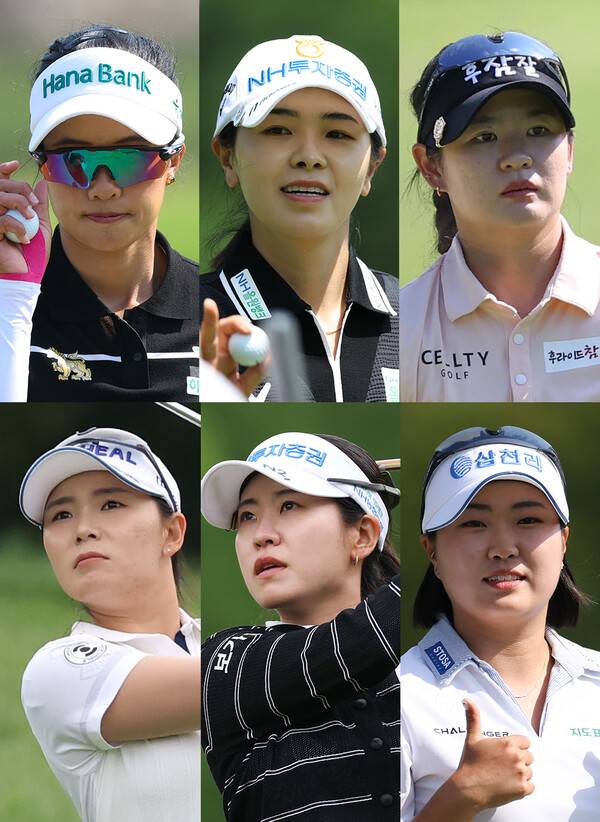 2026년 한국여자프로골프(KLPGA) 투어 제14회 E1채리티 오픈 우승 경쟁에 뛰어든 짜라위 분짠(태국), 이가영, 한지원, 이다연, 박민지, 홍진영2 프로. 사진제공=KLPGA (사진을 무단으로 사용하지 마십시오.)