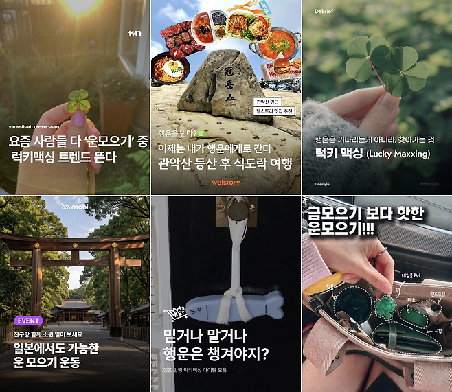네잎클로버, 행운 아이템, 개운 여행 등을 소재로 한 ‘럭키맥싱’ 콘텐츠가 SNS를 중심으로 확산되고 있다. 인스타그램 캡처