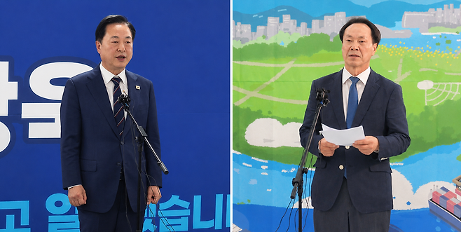 6·3지방선거 울산시장 민주·진보 후보 단일화 여론조사 경선 중단과 관련해 24일 민주당 김두관(왼쪽) 총괄선대본부장과 진보당 방석수 선거대책본부장이 각 캠프에서 브리핑을 하고 있다. 울산=박동순 기자