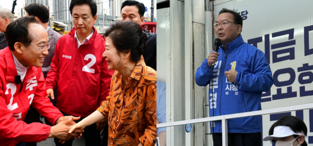 지난 주말 박근혜 전 대통령과 칠성시장 유세에 나선 추경호 국민의힘 대구시장 후보와 동성로 집중 유세를 통해 박근혜 마케팅 견제에 나선 김부겸 더불어민주당 대구시장 후보. 김진홍 기자