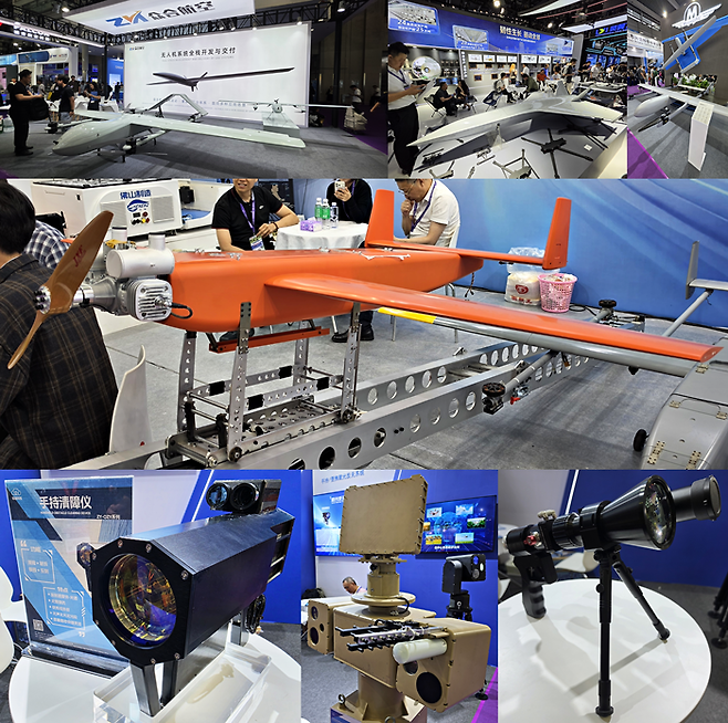 ▲'2026 세계 무인기 대회-국제 저고도 경제·무인 시스템 박람회(UASE, Unmanned Aircraft Systems Expo)'에 전시된 무인기·표적기·레이저 무기들. 사진=박규빈 기자