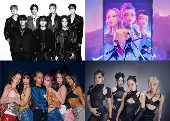 (왼쪽 위부터 시계방향으로) 방탄소년단, 케이팝 데몬 헌터스, 블랙핑크, 캣츠아이