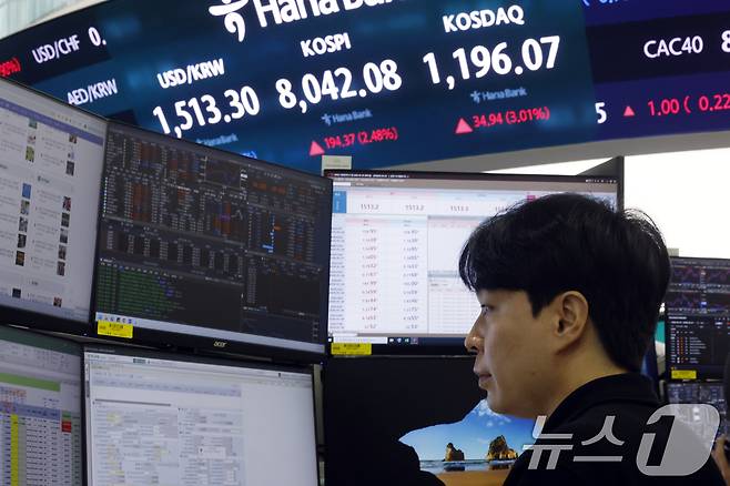 26일 서울 중구 하나은행 본점 딜링룸 전광판에 코스피 등 시황이 표시되고 있다. 2026.5.26 ⓒ 뉴스1 박정호 기자