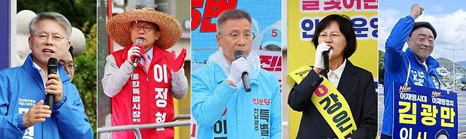 6·3 지방선거 공식선거운동 첫날인 21일 광주·전남 지역에서 전남광주통합시장 후보들이 거리 유세를 하고 있다. 왼쪽(기호순)부터 더불어민주당 민형배, 국민의힘 이정현, 진보당 이종욱, 정의당 강은미, 무소속 김광만 후보. / 사진=연합뉴스