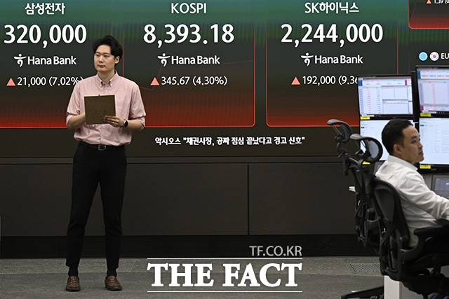 삼성전자와 SK하이닉스의 하루 주가 등락률을 2배 추종하는 단일종목 레버리지 상장지수펀드(ETF)가 상장 첫날부터 흥행몰이를 했다. 코스피가 장중 사상 최고치를 또다시 경신한 27일 오전 서울 중구 하나은행 본점 딜링룸 전광판에 코스피와 삼성전자, SK하이닉스의 주가가 표시돼 있다. /송호영 기자
