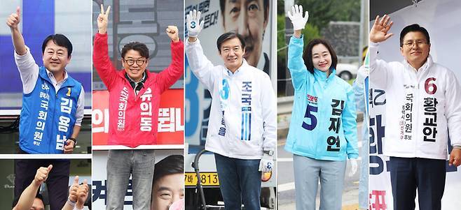 경기 평택을 국회의원 재선거에 출마한 후보들이 지난 21일 경기도 평택시 일대에서 지지를 호소하고 있다. 왼쪽부터 김용남 더불어민주당, 유의동 국민의힘, 조국 조국혁신당, 김재연 진보당, 황교안 자유와혁신당 후보. 연합뉴스