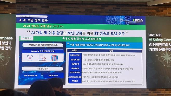 이재형 KISA AI신기술대응팀장은 ‘에이전틱 AI 위협에 대비한 AI 보안 정책 연구’를 주제로 에이전틱 AI 확산과 함께 위협이 현실화되고 있는 시점에서 이에 대비한 국내외 AI 보안 관련 정책 동향과 연구를 설명했다. <사진=고민서 기자>