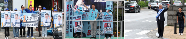 6·3 지방선거를 일주일 앞둔 27일 전주 시내 곳곳에서 전주시장에 출마한 후보들이 열띤 유세 운동을 펼치고 있다. (왼쪽부터) 더불어민주당 조지훈, 진보당 강성희, 무소속 김광종 후보. 조현욱 기자